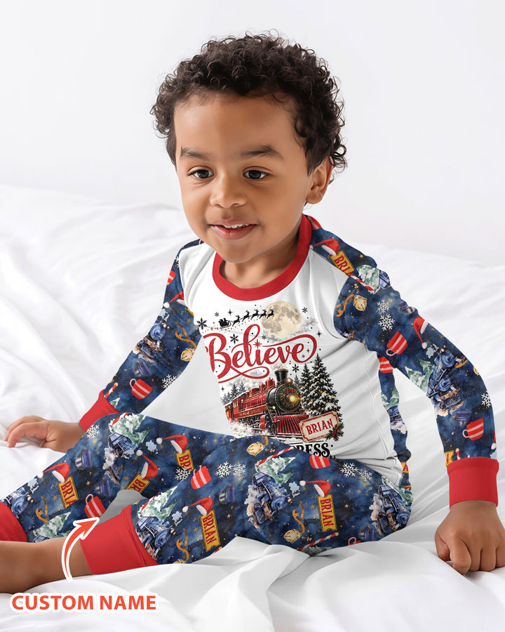 Believe North Pole Train Custom Name  Bamboo Two Piece Long Sleeve Pajama Set