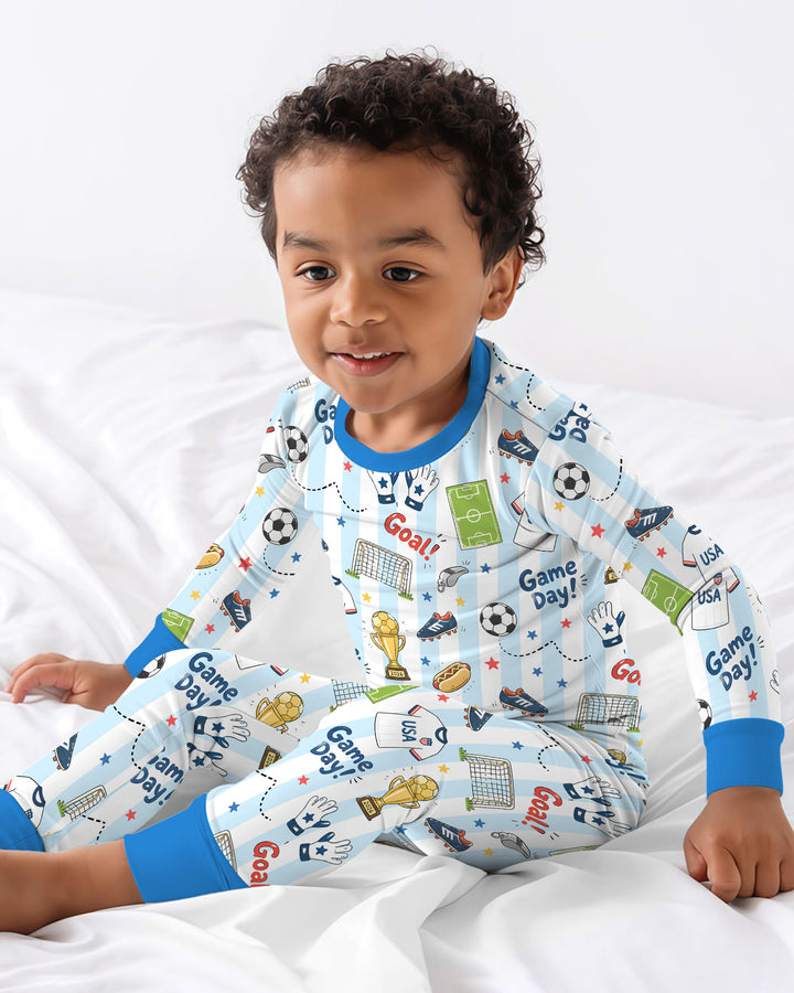 Striped Soccer Game Day Family Matching Bamboo Two Piece Long Sleeve Pajama Set
