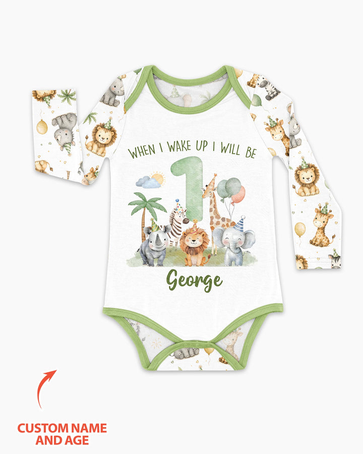 Custom Name Safari Animals When I Wake Up I Will Be Birthday Bamboo Bodysuit