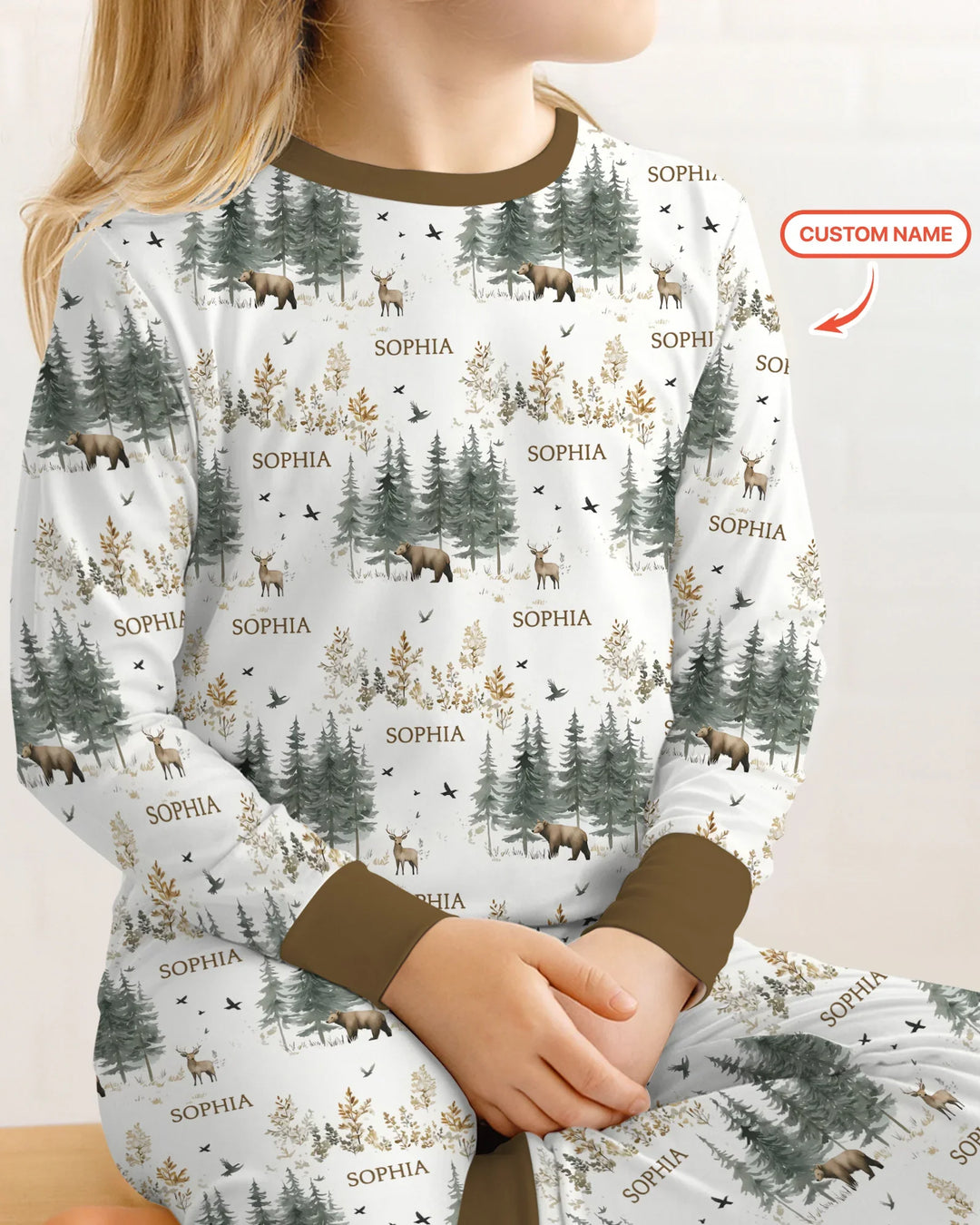 Custom Name Forest Bear Deer Bamboo Two Piece Long Sleeve Pajama Set