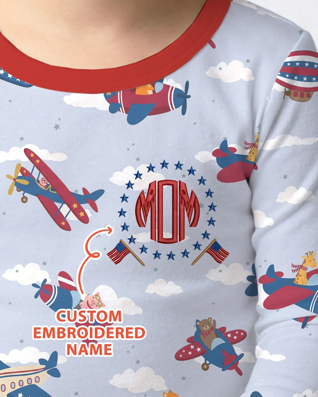 Custom Name Embroidered American Pilot  Bamboo Two Piece Long Sleeve Pajama Set