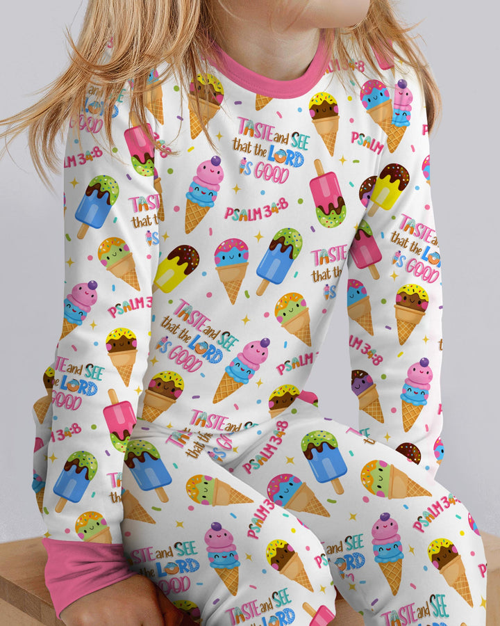 Jesus Summer Ice Cream Taste and See That The Lord Is Good Bamboo Two Piece Long Sleeve Pajama Set