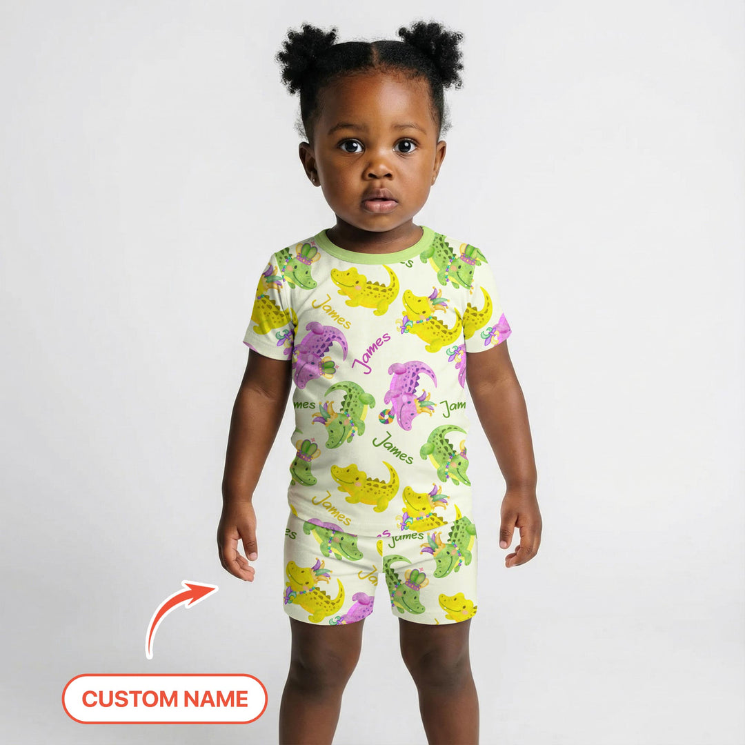 Custom Name Mardi Gras Alligator Two Piece Short Sleeve Shorts Pajama Set