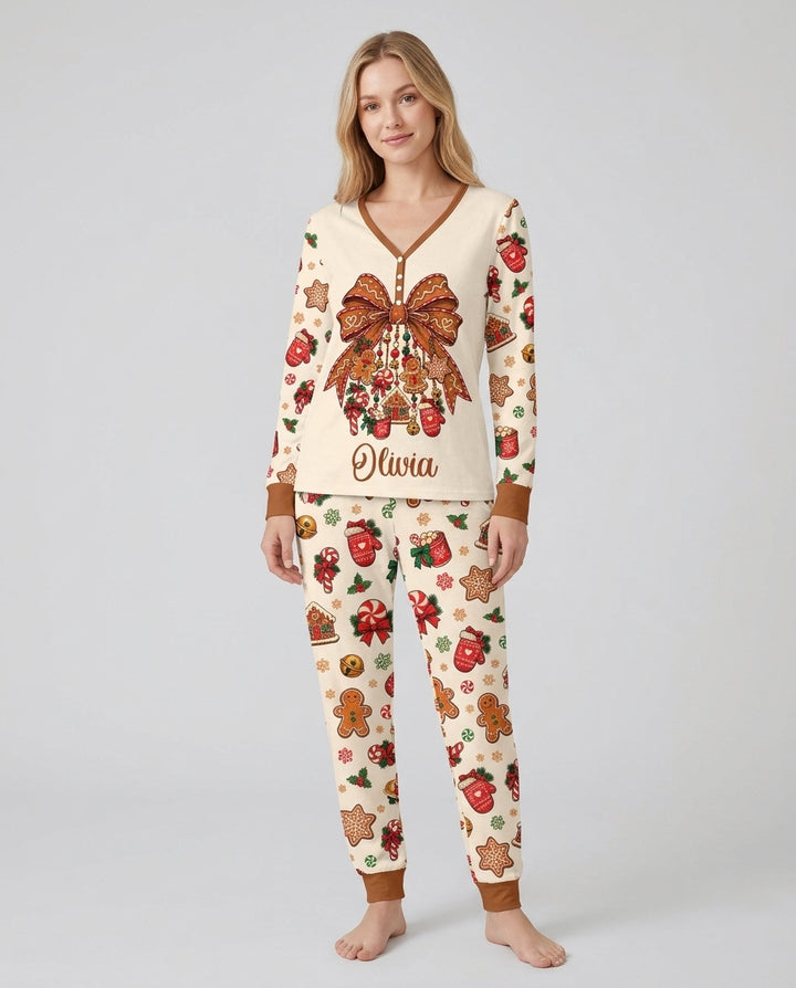 Custom Name Gingerbread The Bow Bamboo Women Pajama Set