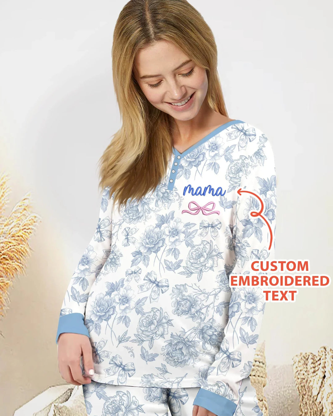 Custom Embroidered Mommy and Me Toile Matching Bamboo Women Pajama Set