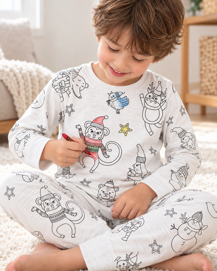 Weihnachtliches ausmalbares zweiteiliges Bambus-Schlafanzug-Set