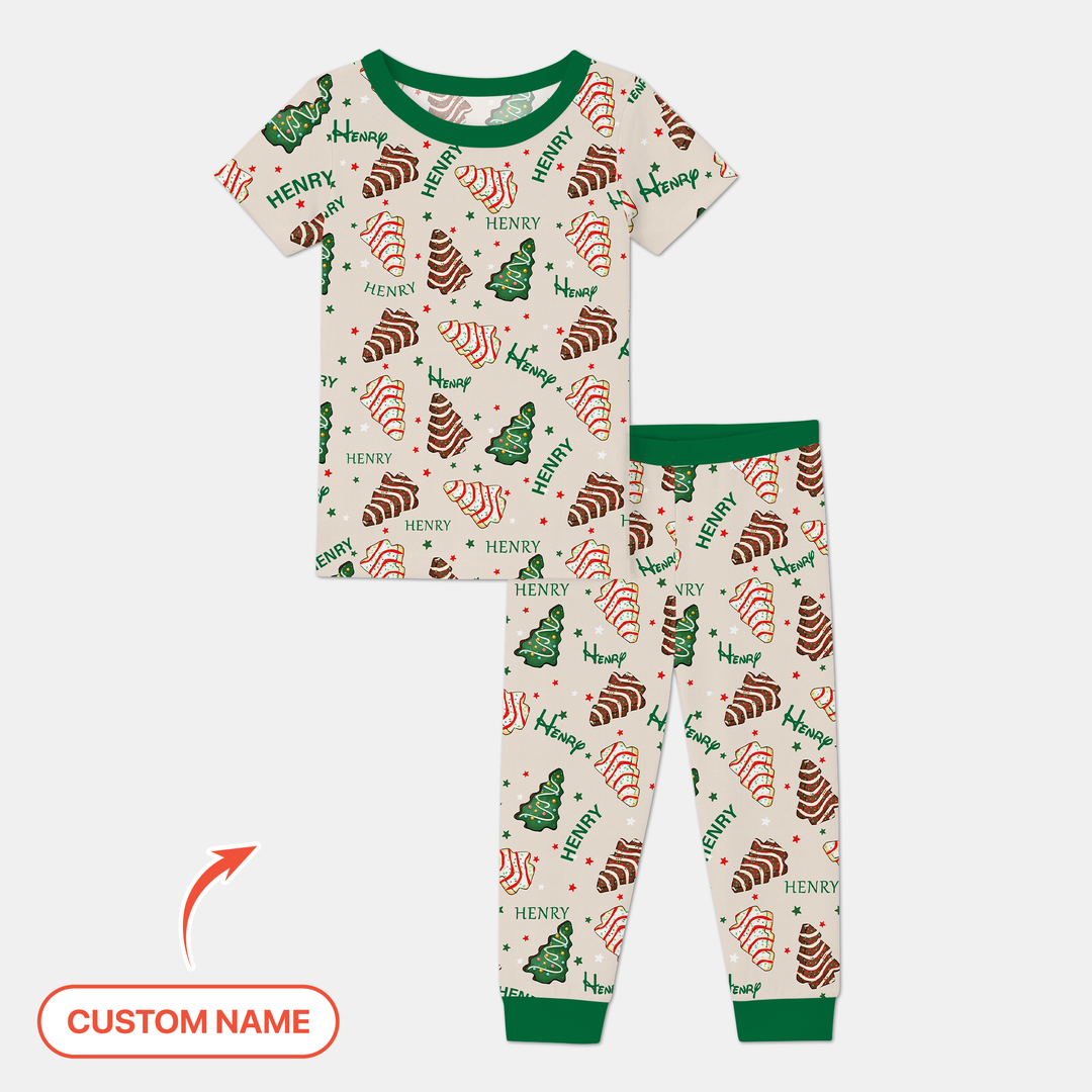 Christmas Tree Cake Custom Name Two Piece Short Sleeve Pajama Set