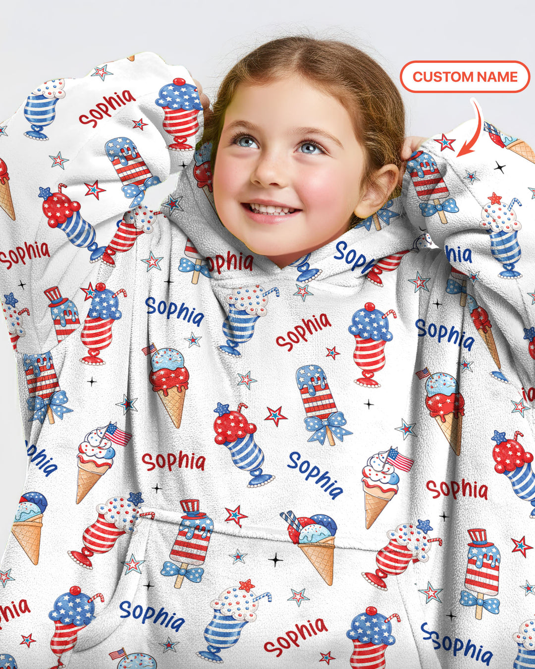 Custom Name Red, White & Ice Cream Bamboo Blanket Hoodie