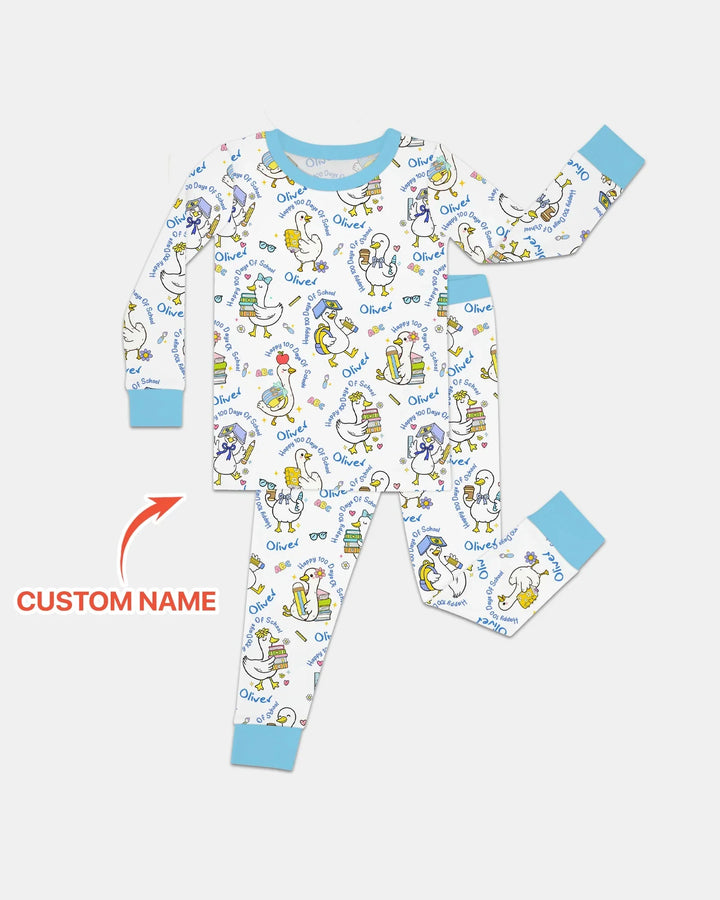 Custom Name Goose Happy 100 Days Of School Two Piece Long Sleeve Pajama Set