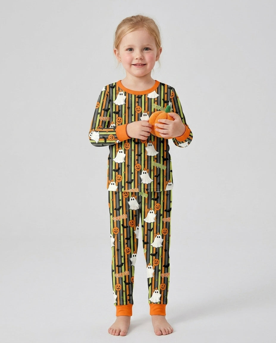 Custom Name Ghost Holding Balloon Bamboo Two Piece Long Sleeve Pajama Set