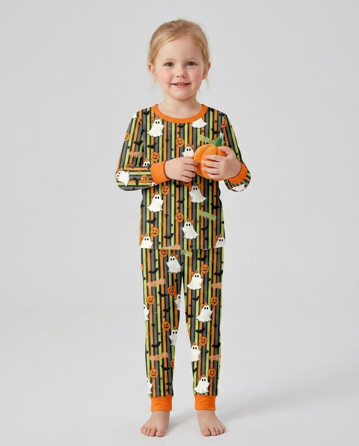 Custom Name Ghost Holding Balloon Bamboo Two Piece Long Sleeve Pajama Set