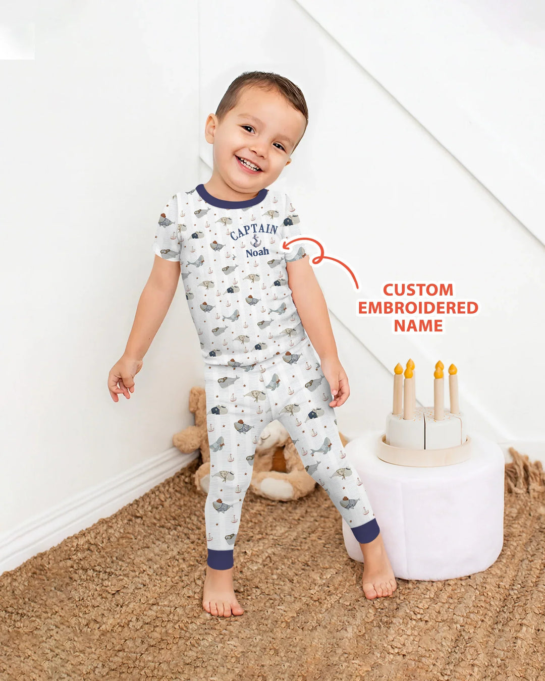 Custom Embroidered Name Little Captain of the Whale Crew Bamboo Two Piece Short Sleeve Pajama Set