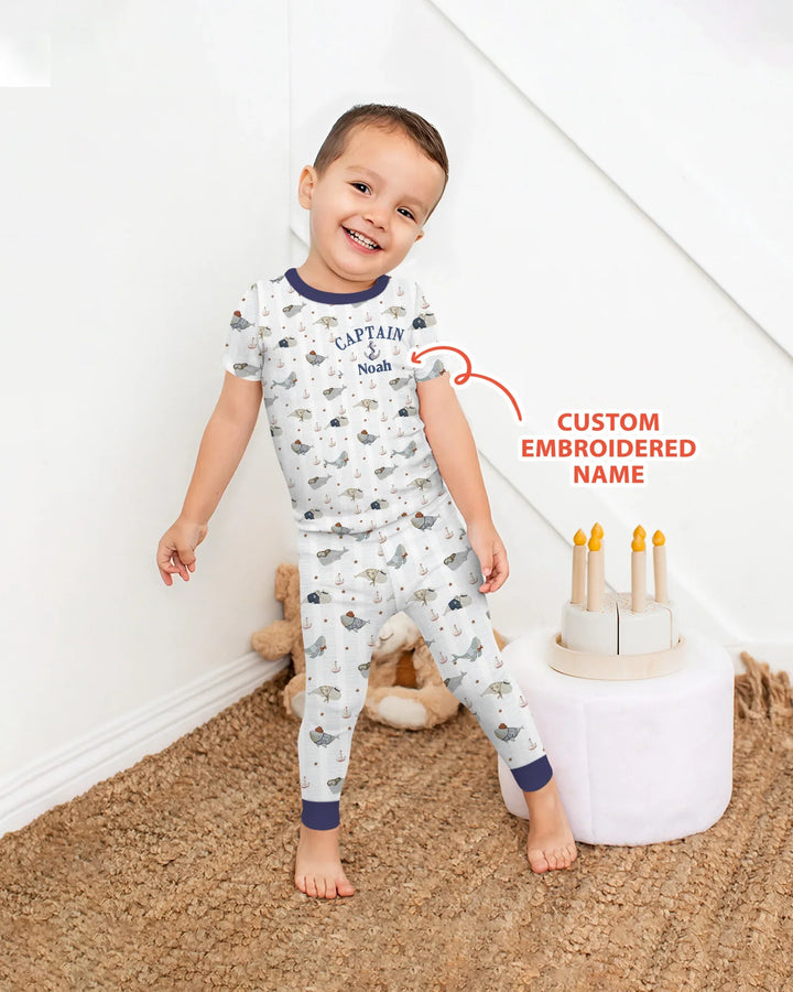 Custom Embroidered Name Little Captain of the Whale Crew Bamboo Two Piece Short Sleeve Pajama Set