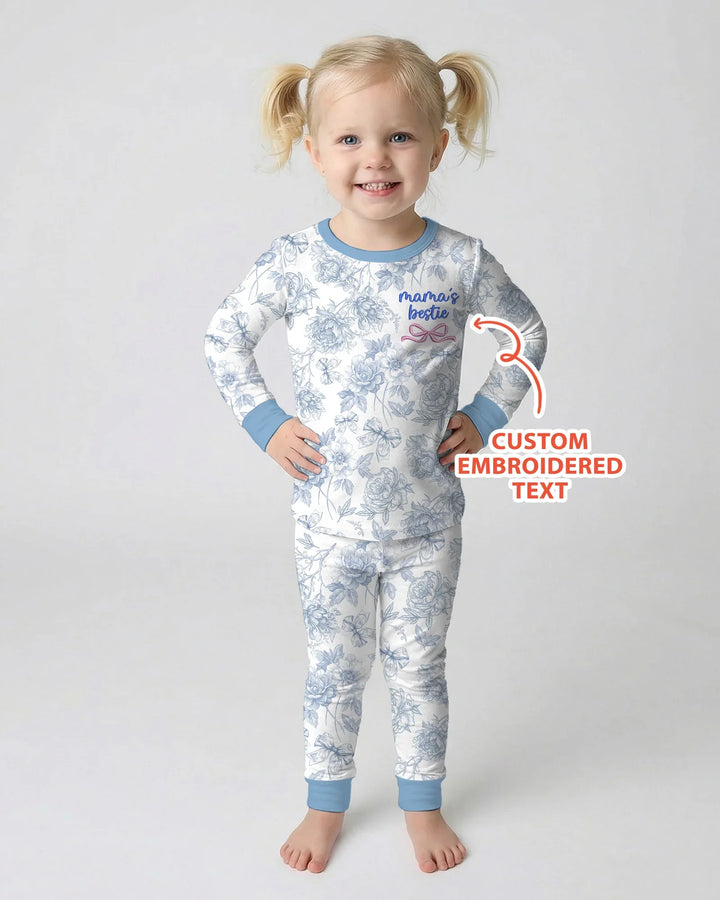 Conjunto de pijama de dos piezas de bambú de manga larga personalizado con bordado Mommy and Me Toile