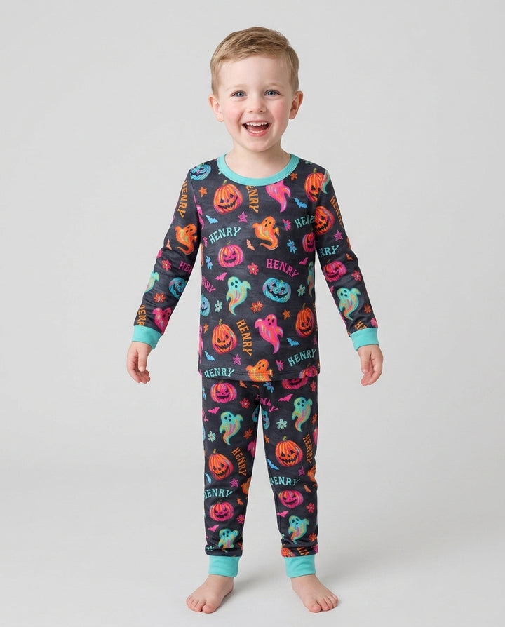 Custom Name Preppy Neon Pumpkin Bamboo Two Piece Long Sleeve Pajama Set