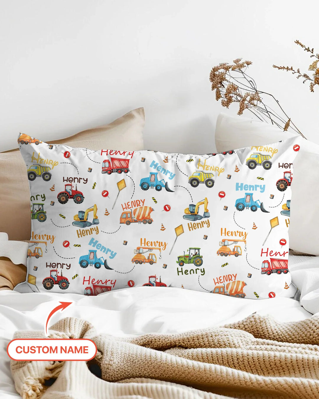 Construction Vehicles Custom Name Pillow Case