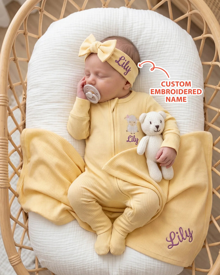 Personalized Baby Sheep Embroidered Ribbed Bamboo Blanket