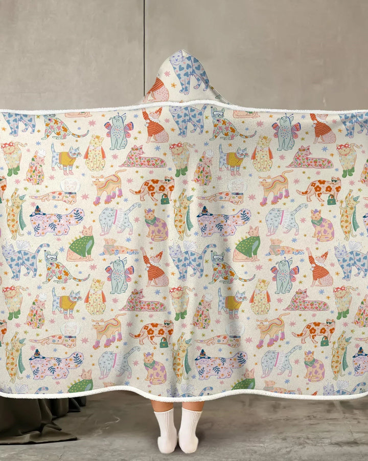 Whimsical Cat Parade Bamboo Wearable Hooded Blanket