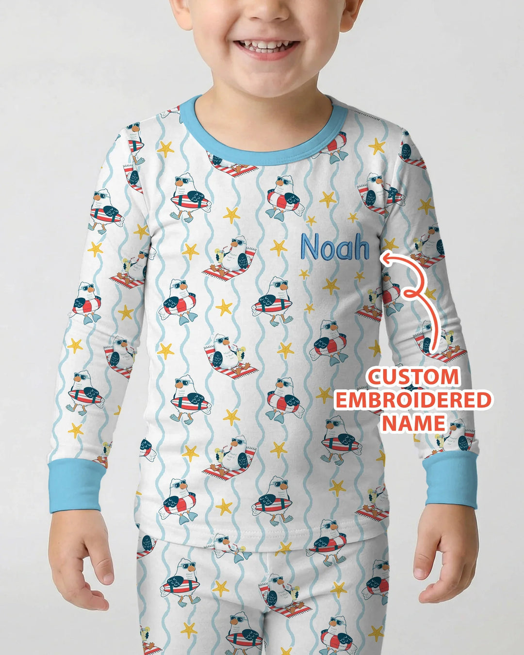 Conjunto de pijama de dos piezas personalizado bordado de bambú para bebé con gaviota veraniega y manga larga