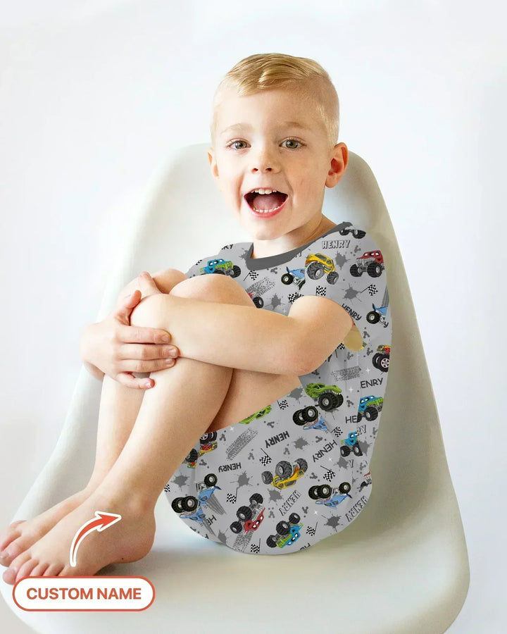 Monster Truck Dirt Jam Custom Name Daddy & Me Matching Two Piece Short Sleeve Shorts Pajama Set