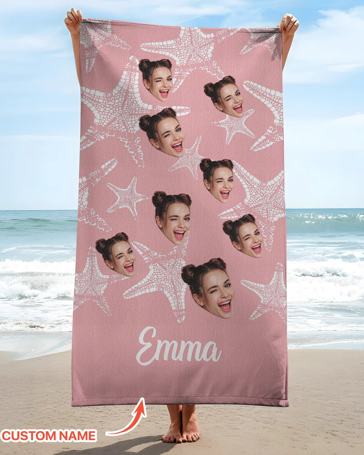 Custom Photo Starfish With Names Bamboo Beach Towel