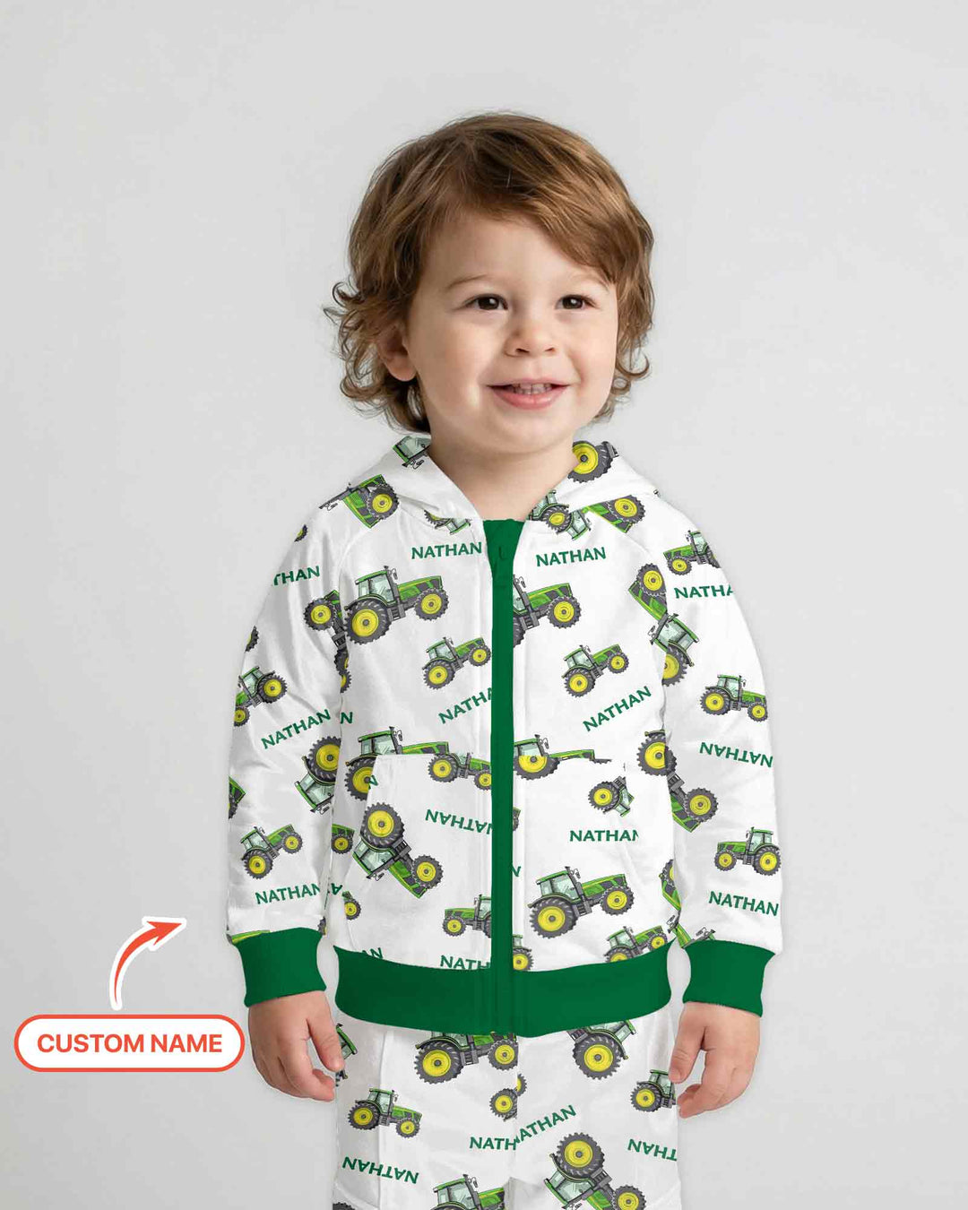 Custom Name Green Tractors Matching Daddy & Me Bamboo Zip Hoodie