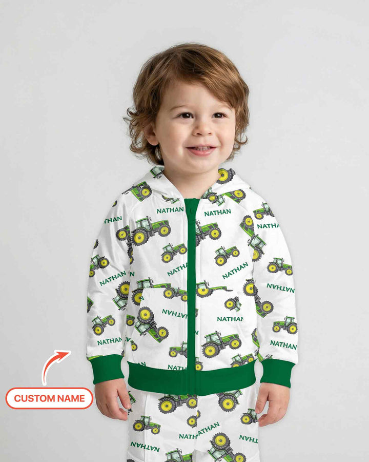 Custom Name Green Tractors Matching Daddy & Me Bamboo Zip Hoodie