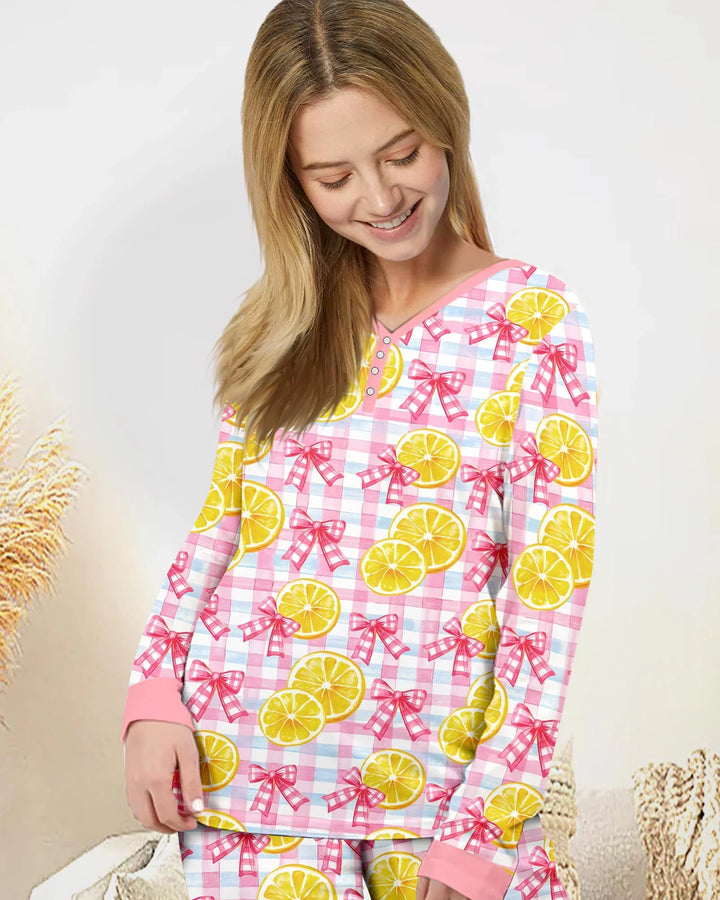 Pink Lemons Bows Checkered Bamboo Women Pajama Set
