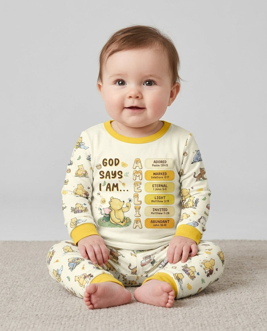 Personalized God Says I Am – Beloved Bear Bamboo Two Piece Long Sleeve Pajama Set