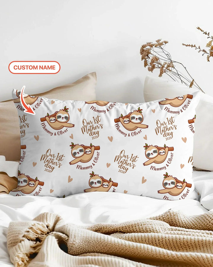 Custom Name Mama & Baby Sloth – Our First Mother’s Day 2026 Bamboo Pillow Case