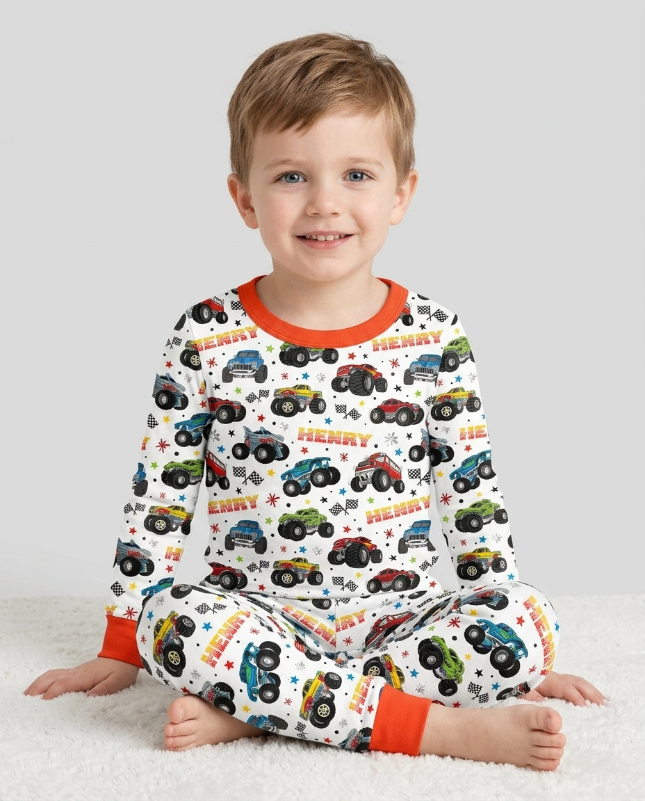 Personalized Monster Trucks Bamboo Two Piece Long Sleeve Pajama Set