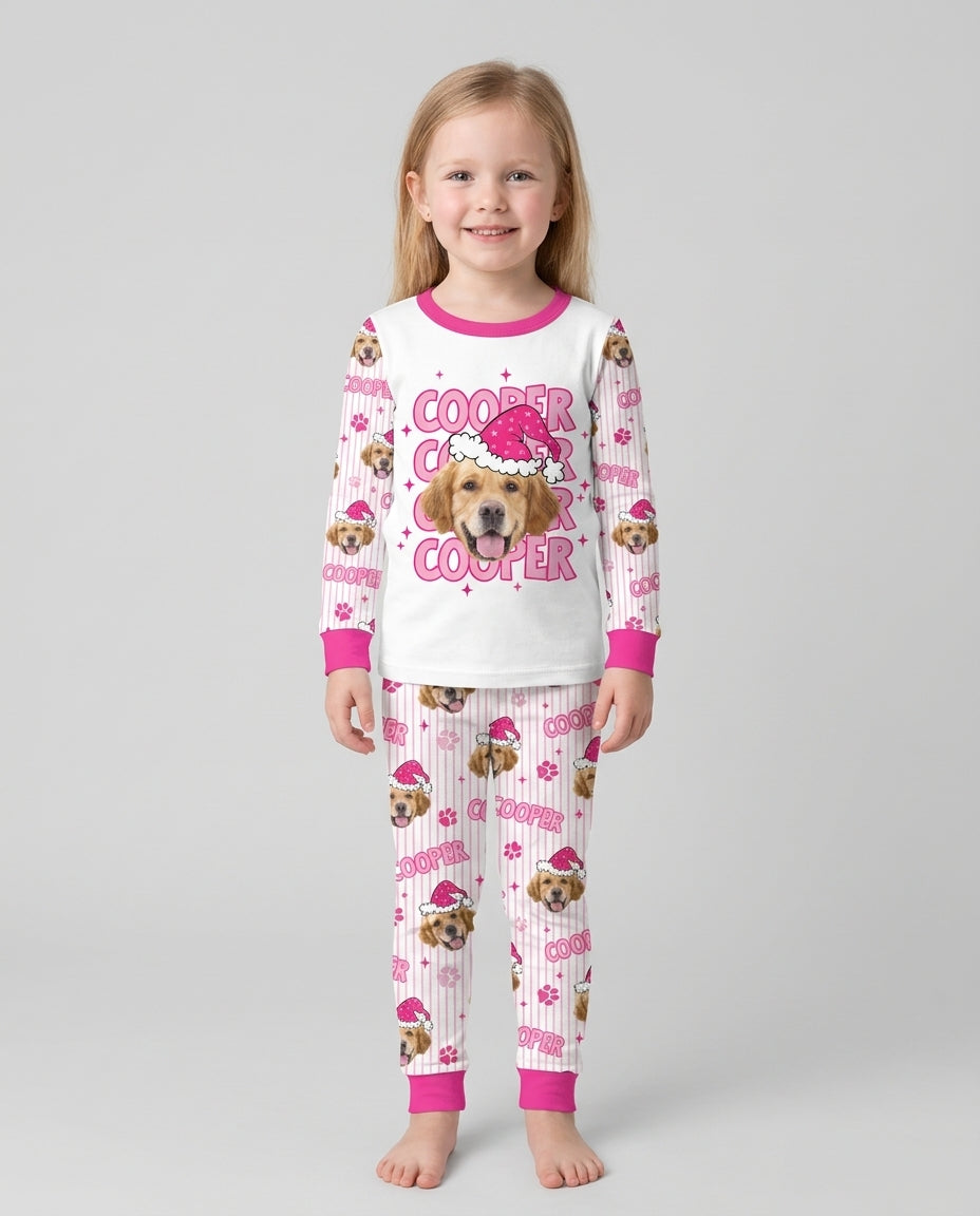 Personalized Pink Santa Dog Bamboo Two Piece Long Sleeve Pajama Set