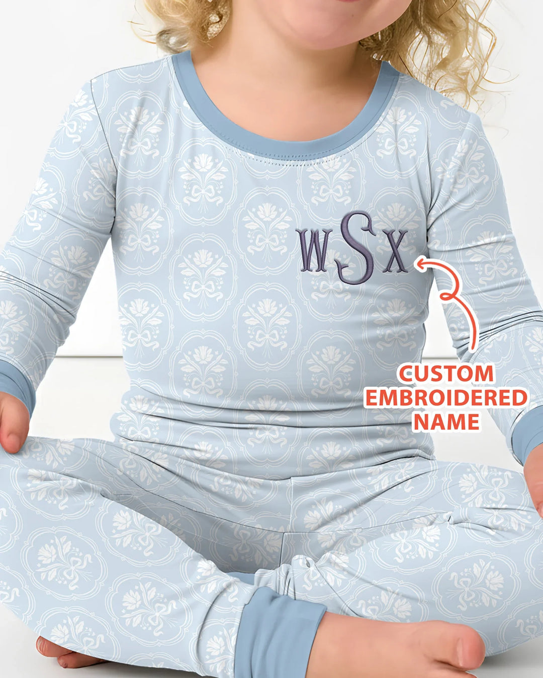 Conjunto de pijama de bambú de dos piezas de manga larga bordado con flores personalizado para bebé