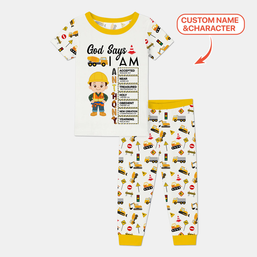 Custom Name God Says I Am Little Builder Letter in Bible Two Piece Short Sleeve Pajama Set