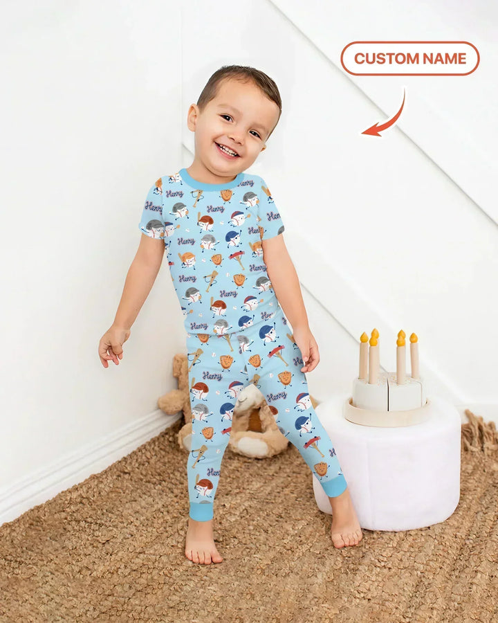 Custom Name Ballparl Family Matching Bamboo Two Piece Short Sleeve Pajama Set
