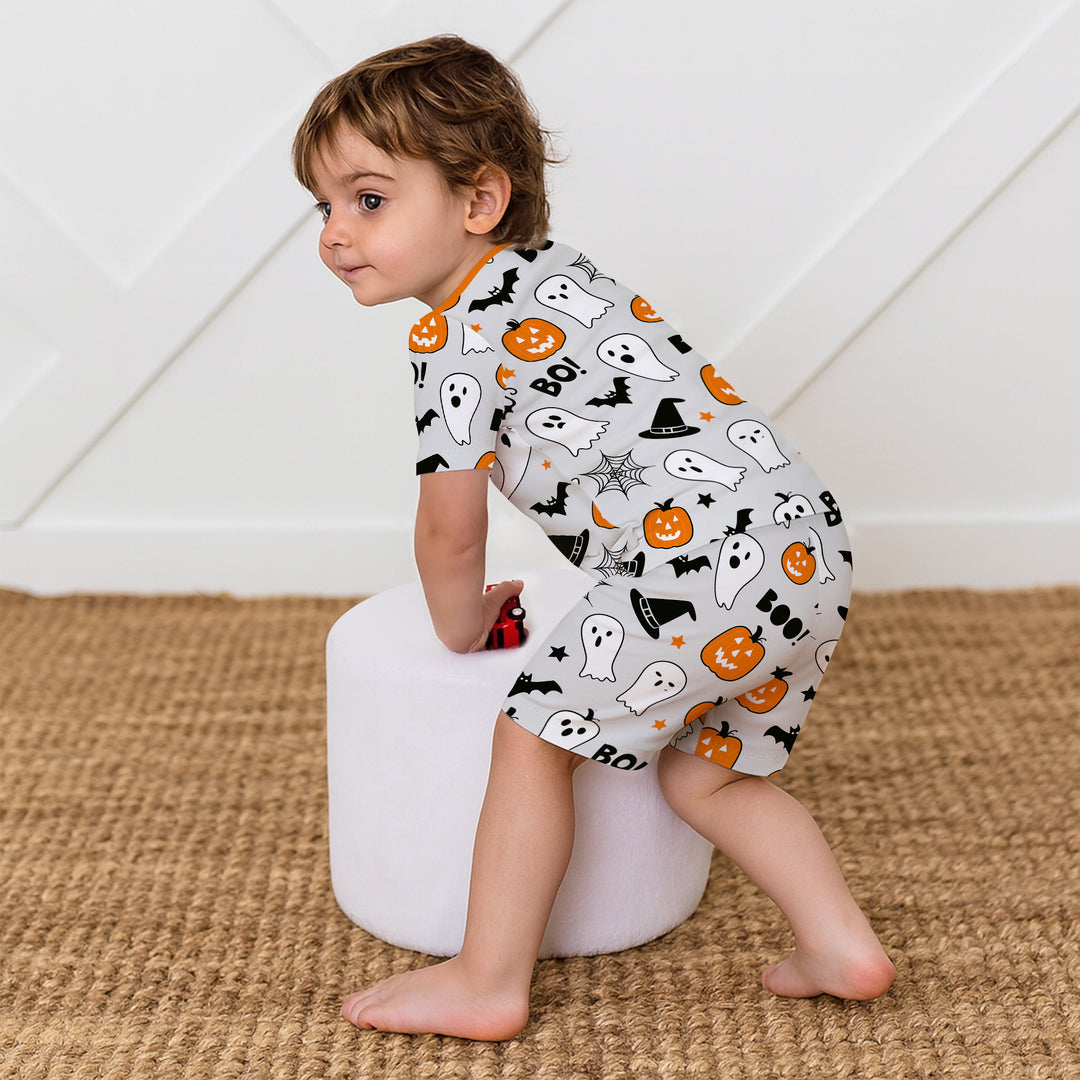 Halloween Boo & Pumpkin Glow In The Dark Two Piece Short Sleeve Shorts Pajama Set