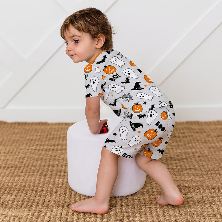 Halloween Boo & Pumpkin Glow In The Dark Two Piece Short Sleeve Shorts Pajama Set