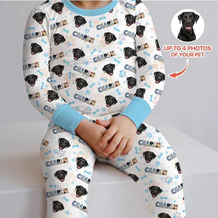 Custom Name Doodle Letters Blue Dog Two Piece Long Sleeve Pajama Set