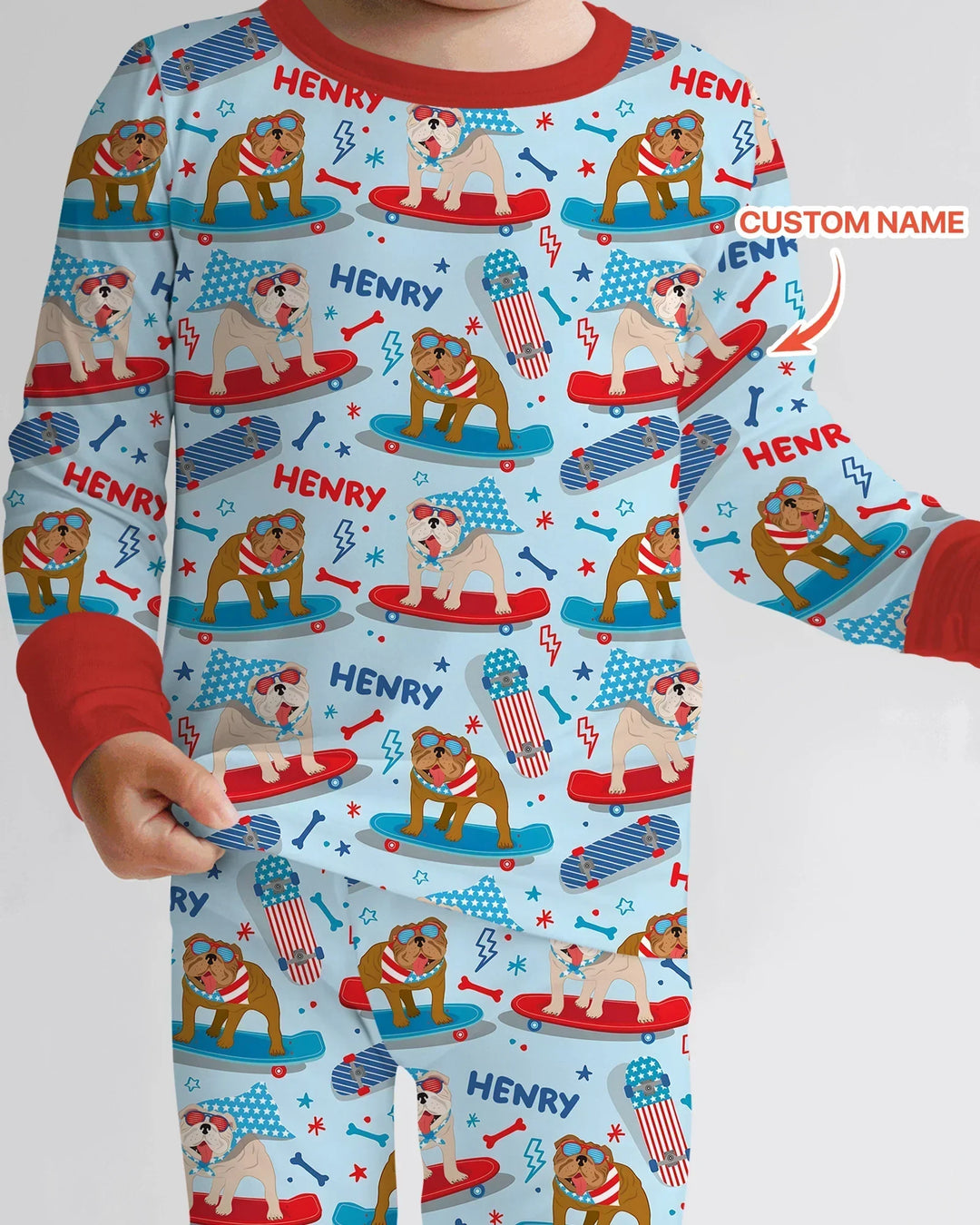 Personalized Patriotic Skate Pups Family Matching Two Piece Long Sleeve Pajama Set