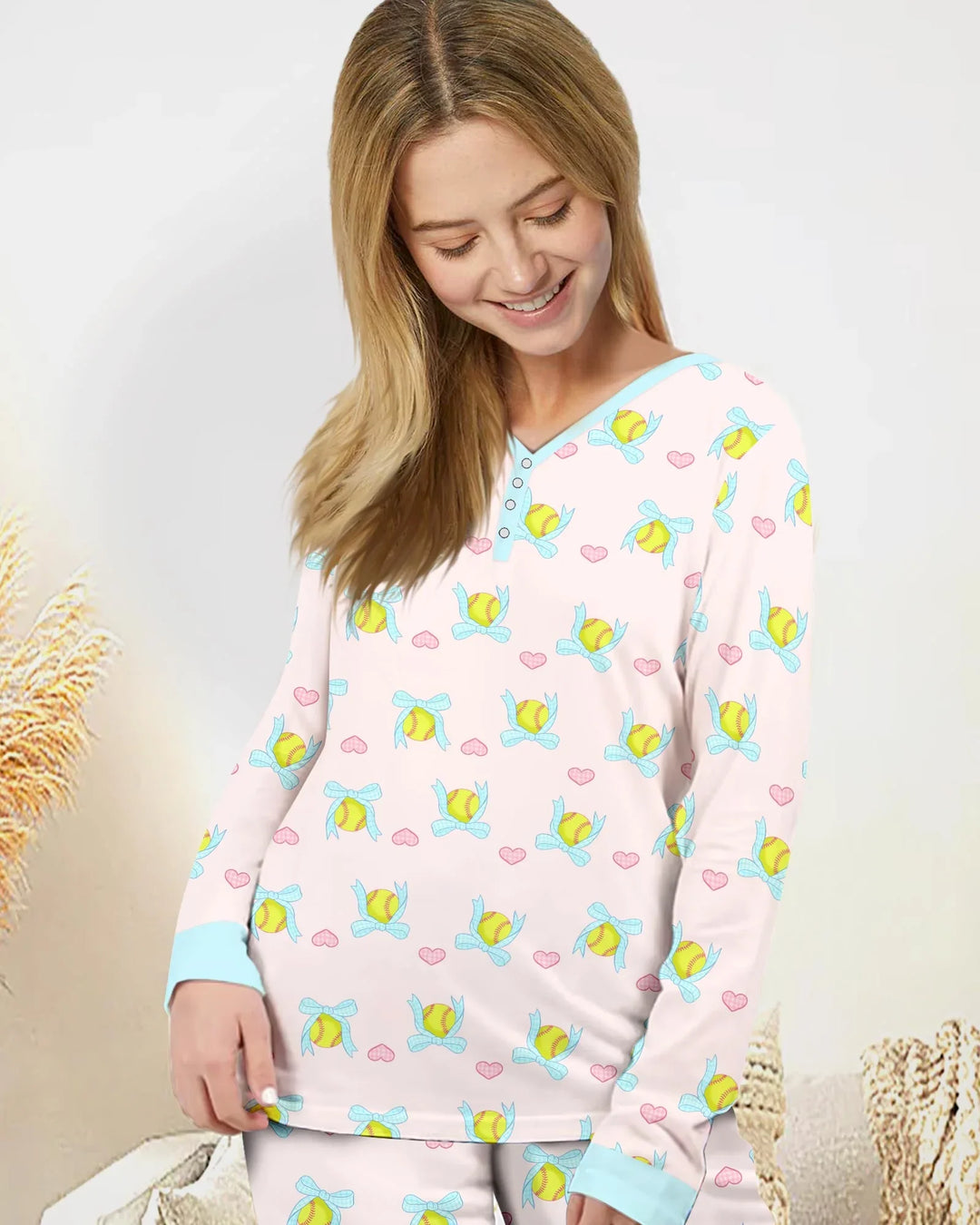 Softbal Coquette Schleifen Damen Schlafanzug Set