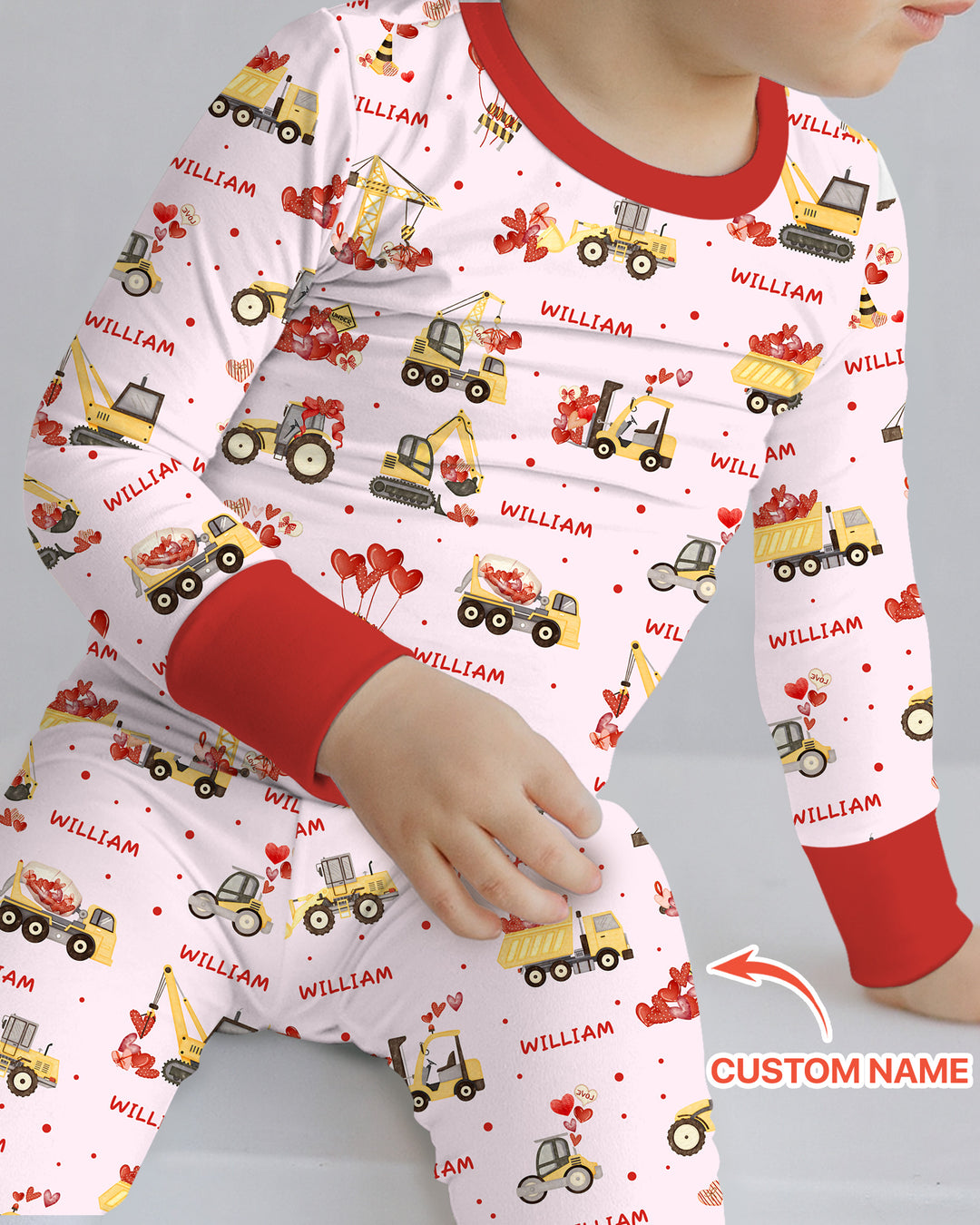 Custom Name Valentine Trucks Family Matching Two Piece Long Sleeve Pajama Set