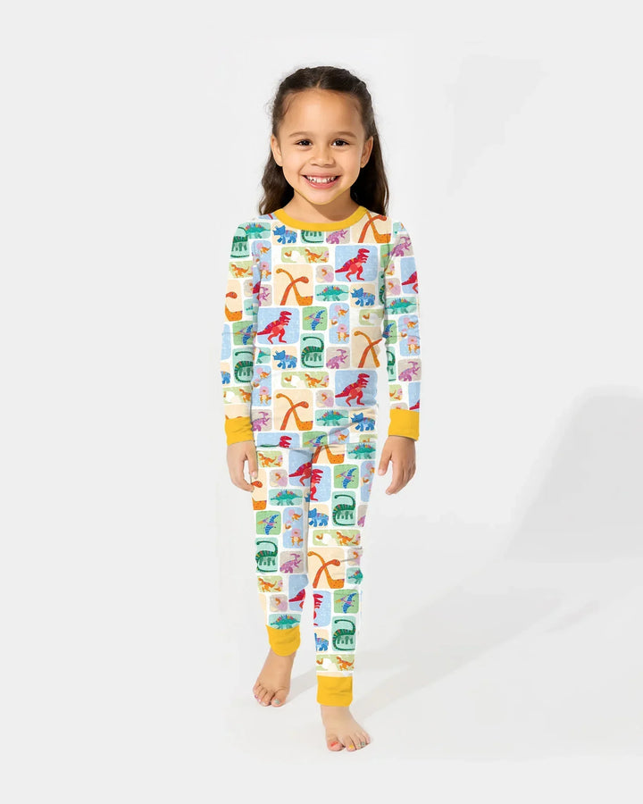 Pijama de dos piezas de bambú de manga larga Rainbow Dino Friends a juego para toda la familia