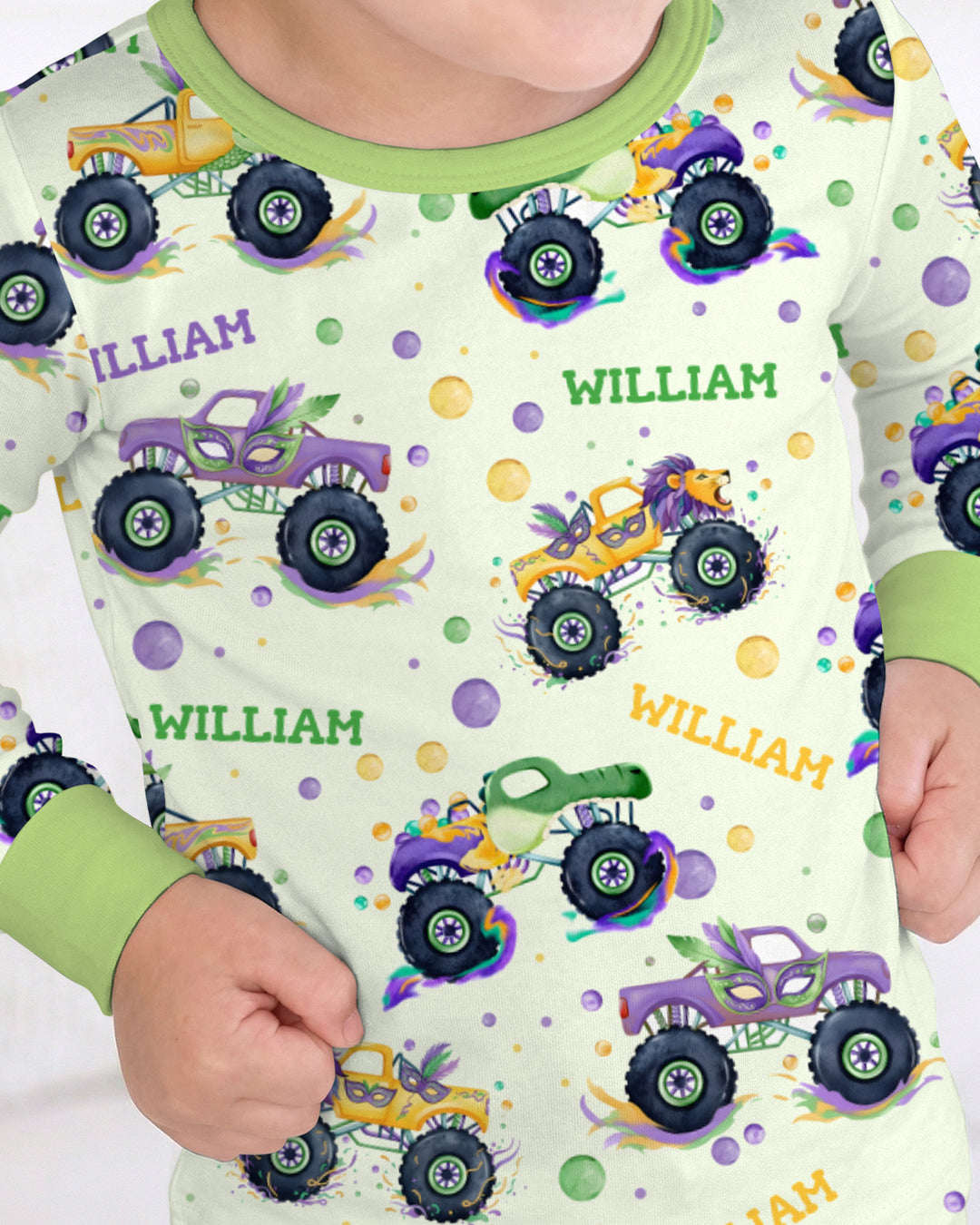 Custom Name Mardi Gras Monster Trucks Two Piece Long Sleeve Pajama Set