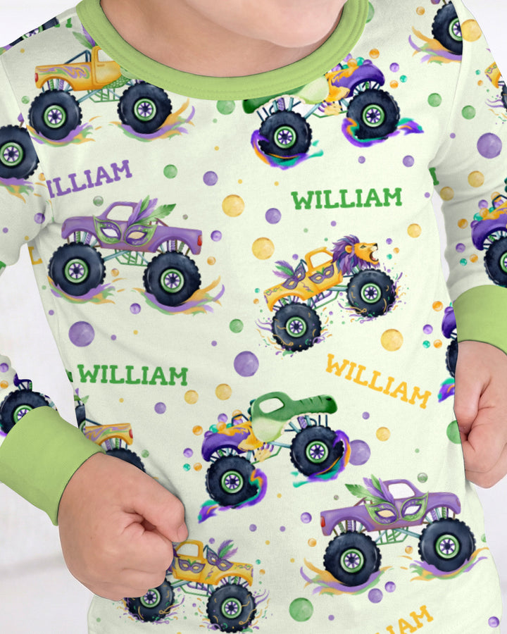 Custom Name Mardi Gras Monster Trucks Two Piece Long Sleeve Pajama Set
