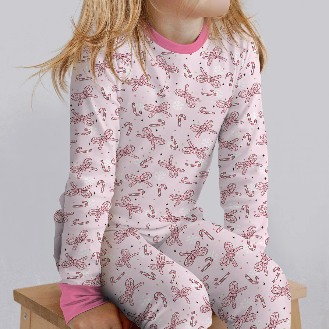 Pink Candy Bows Two Piece Long Sleeve Pajama Set