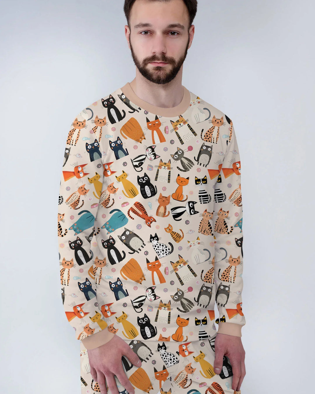 Pijama familiar de bambú para hombre a juego de la familia de gatos Goofy Mischief