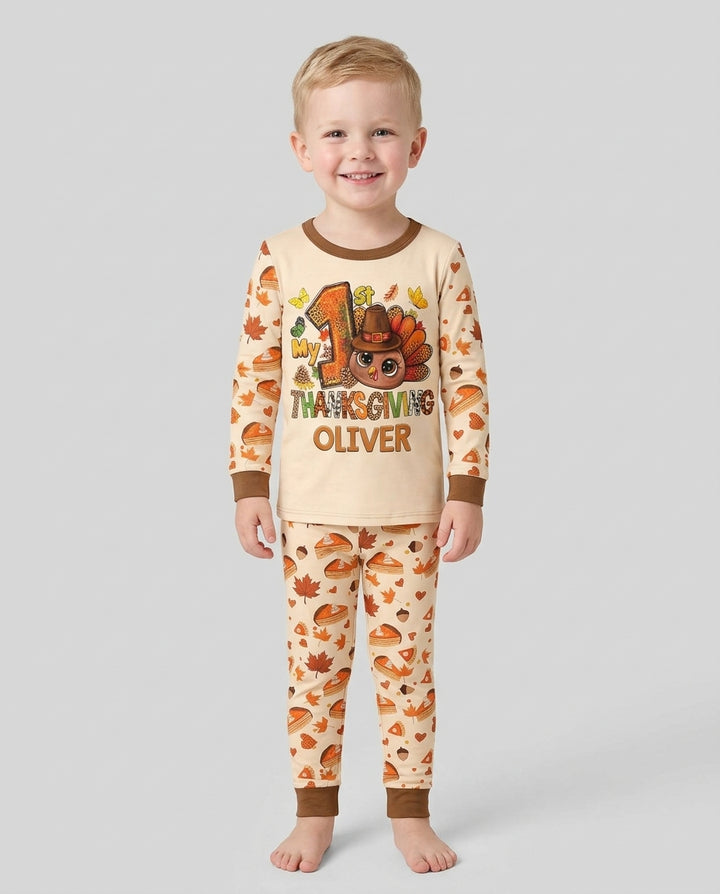 Custom Name My First Thanksgiving Bamboo Two Piece Long Sleeve Pajama Set
