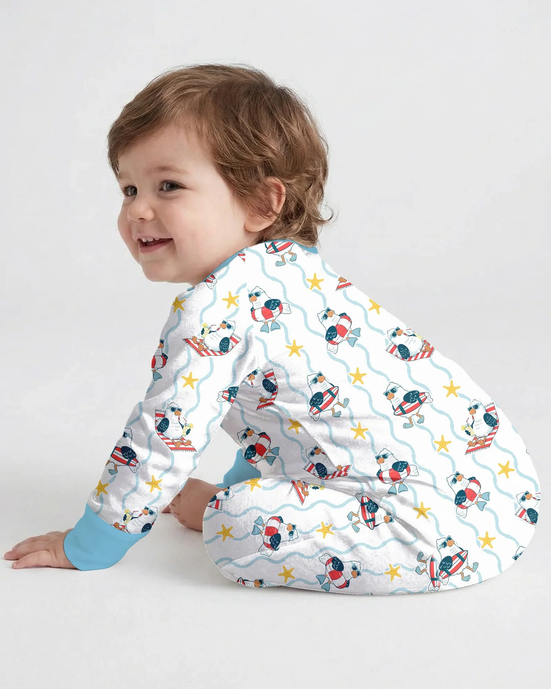 Mameluco convertible de bambú para bebé con gaviota veraniega bordada personalizada