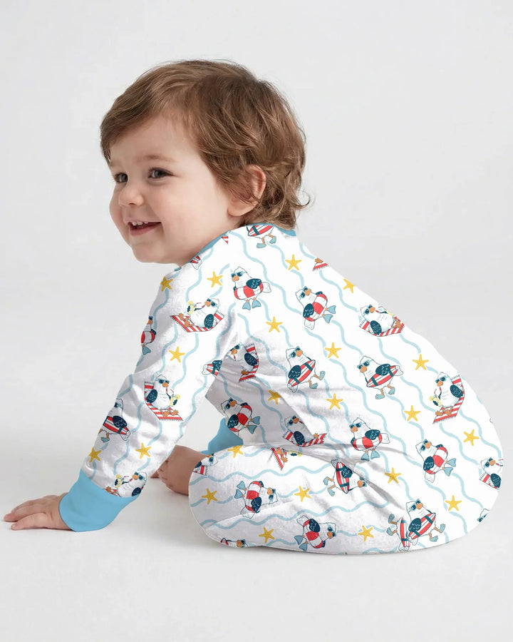 Mameluco convertible de bambú para bebé con gaviota veraniega bordada personalizada