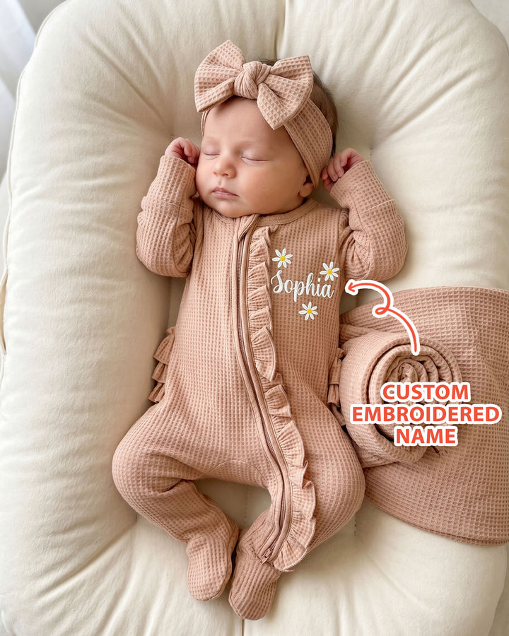 Custom Name With Daisy Embroidered Waffle Ruffle Bamboo Zipper Footie